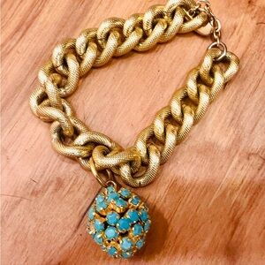 Avon Vintage Chunky Large Gold Twist Chain Bracelet with Faux Turquoise Charm